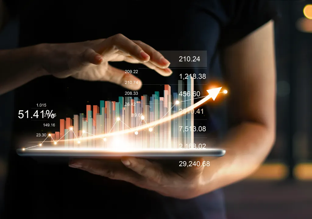 A person holding a tablet out of which a hologram of a progress bar emerges.