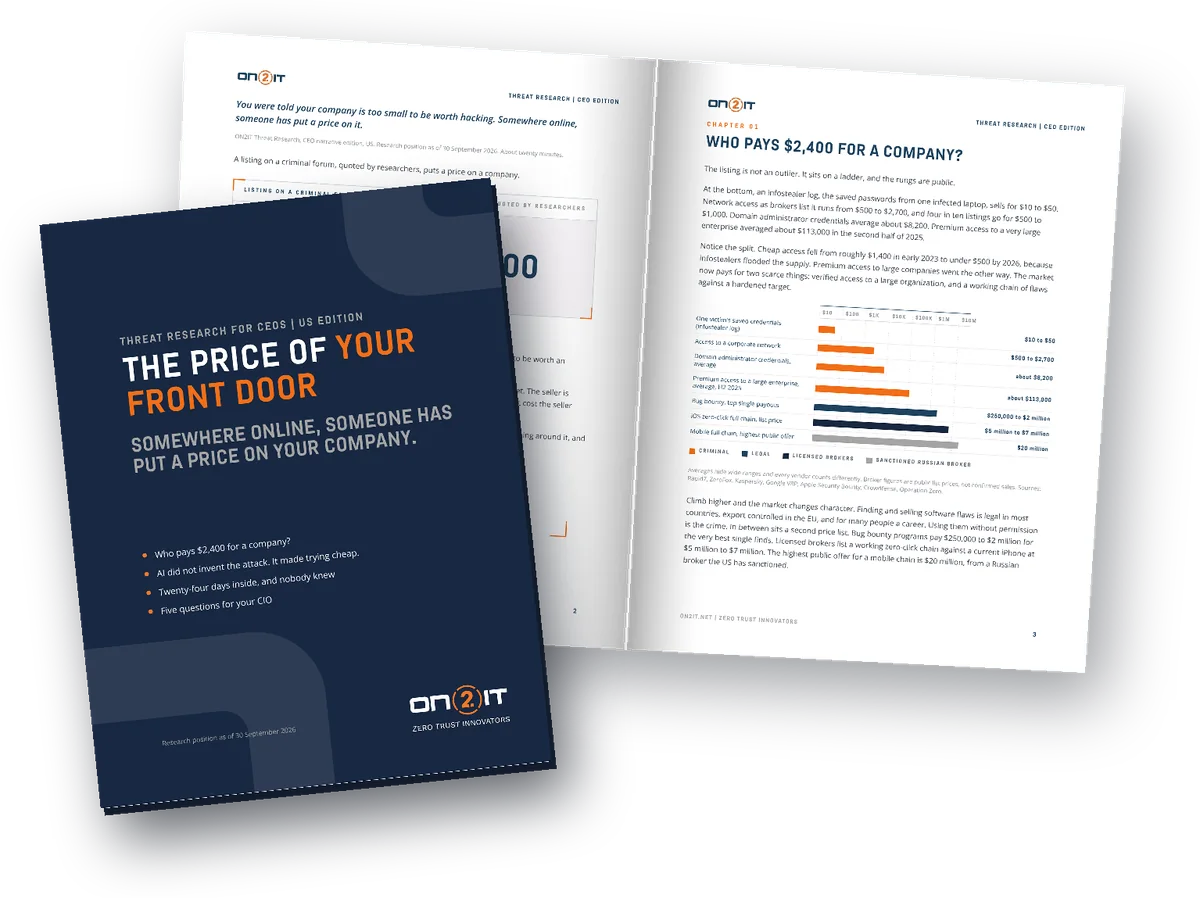The ON2IT threat research report The Price of Your Front Door: the cover on top of the open report