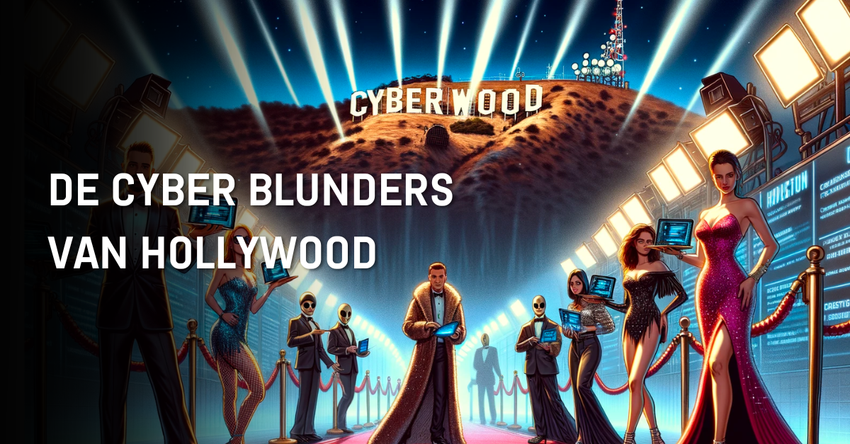 Een groep aan cybersecurity helden voor het Hollywood / Cyberwood teken.